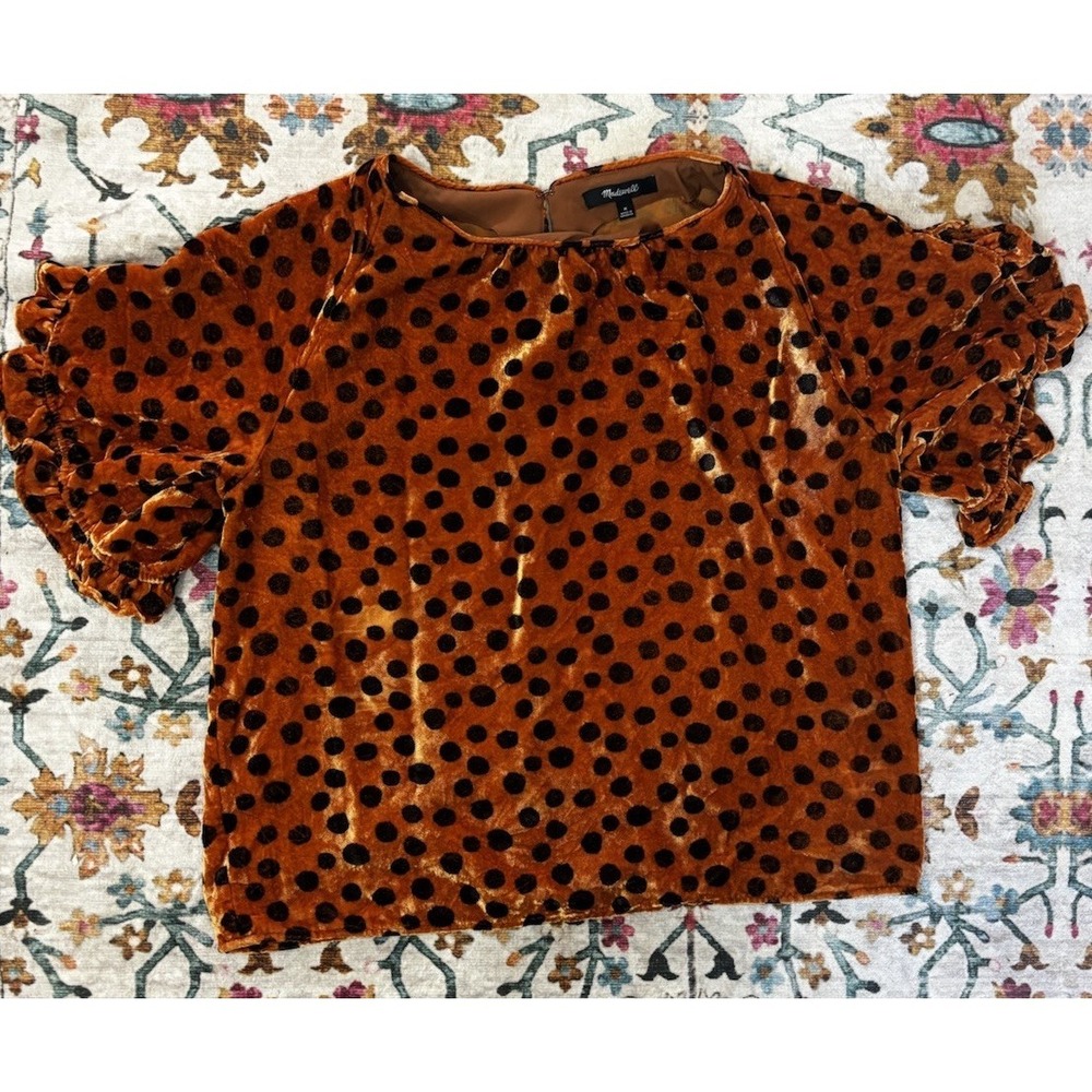 MADEWELL Shirt Womens Medium Polka Dot Orange Velvet Ruffle Sleeves